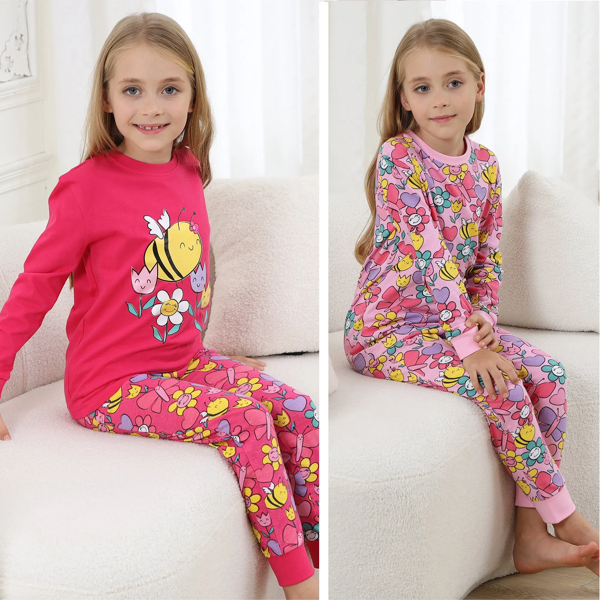 2PK Girls Long Sleeve Floral Bee Pyjamas