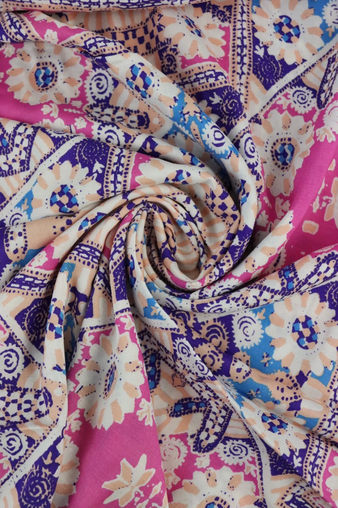 2YD 24IN REMNANT; Pink Boho Square Rayon Challis