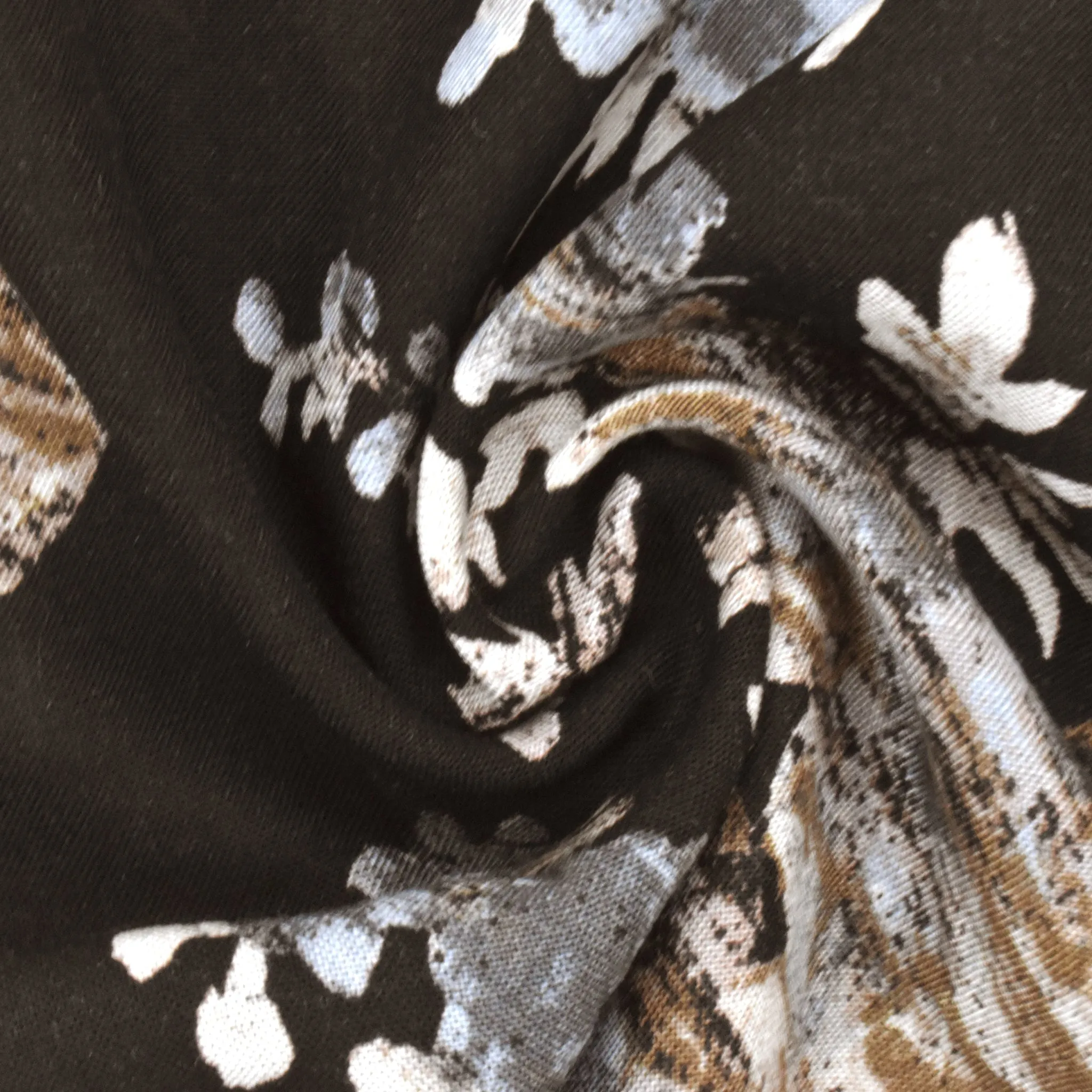 3 YD PC-Black-Brown-Gray Floral Printed Challis Fabric