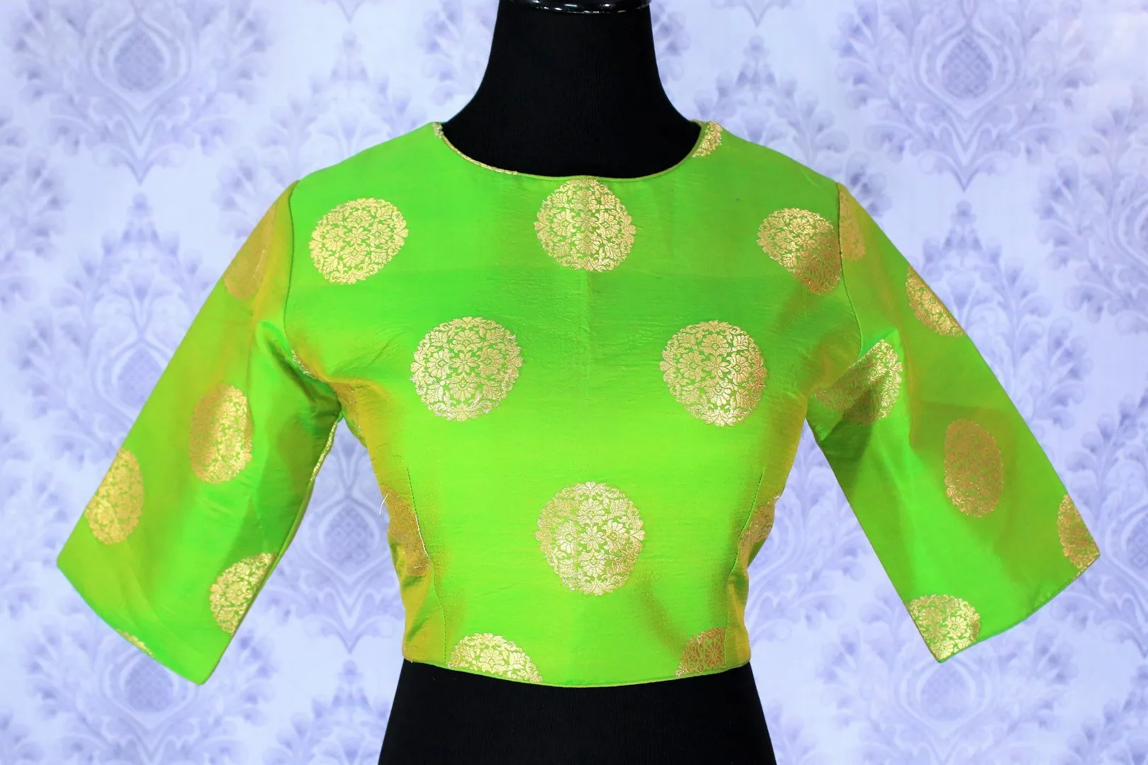 403016 Green with Gold Floral Motifs Silk Designer Saree Blouse