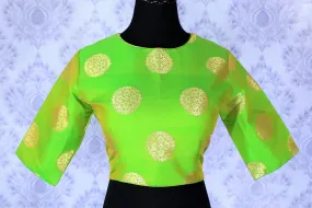403016 Green with Gold Floral Motifs Silk Designer Saree Blouse