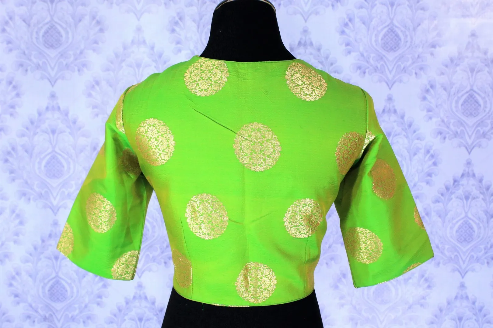403016 Green with Gold Floral Motifs Silk Designer Saree Blouse