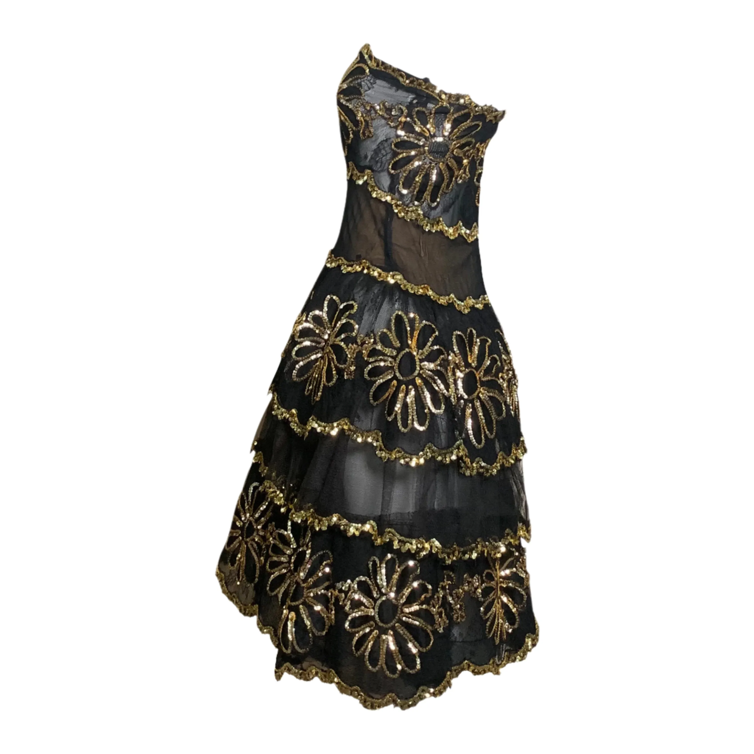 80s Black & Gold Sheer Strapless Embroidered Cocktail Dress