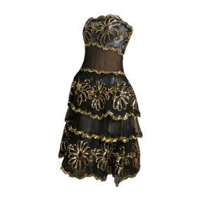 80s Black & Gold Sheer Strapless Embroidered Cocktail Dress