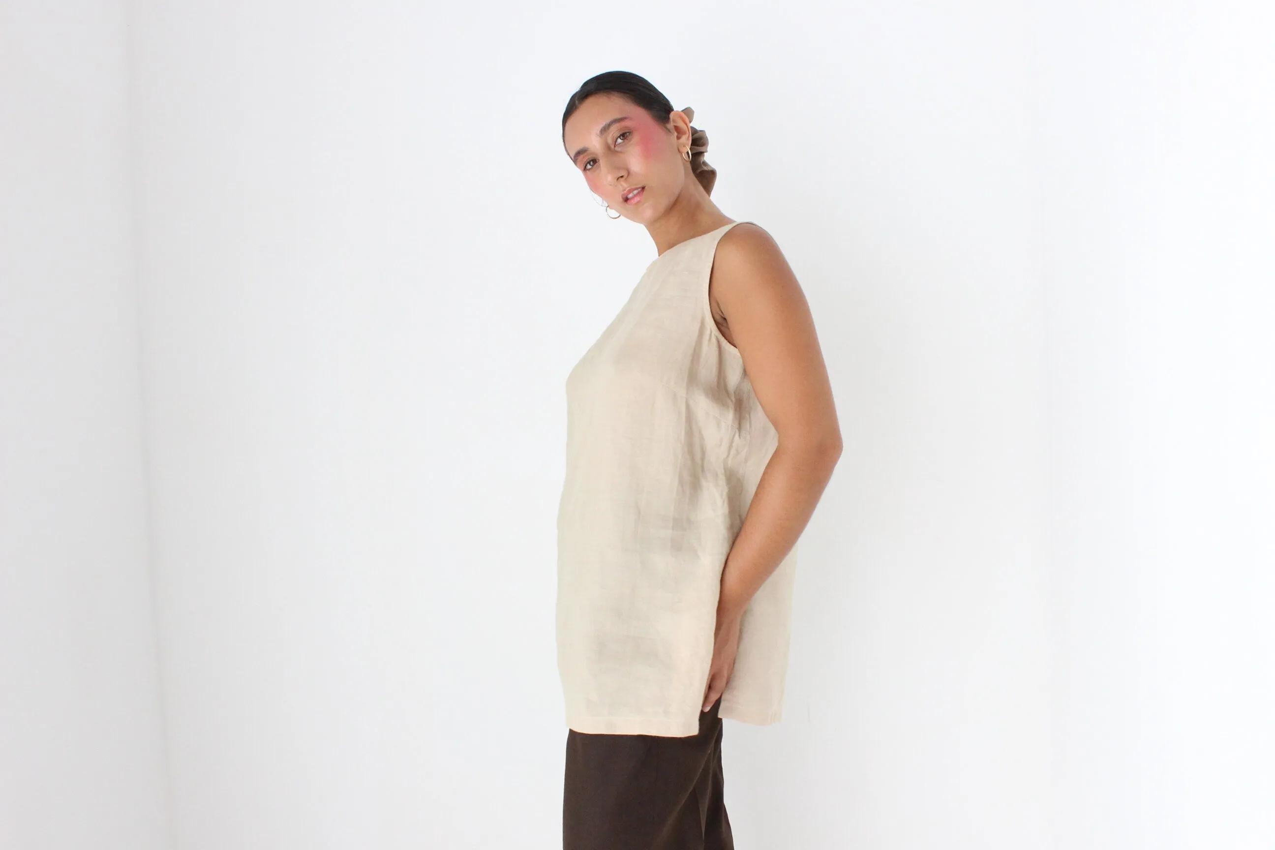 90s Neutral Linen Relaxed, Loose Sleeveless Smock Top