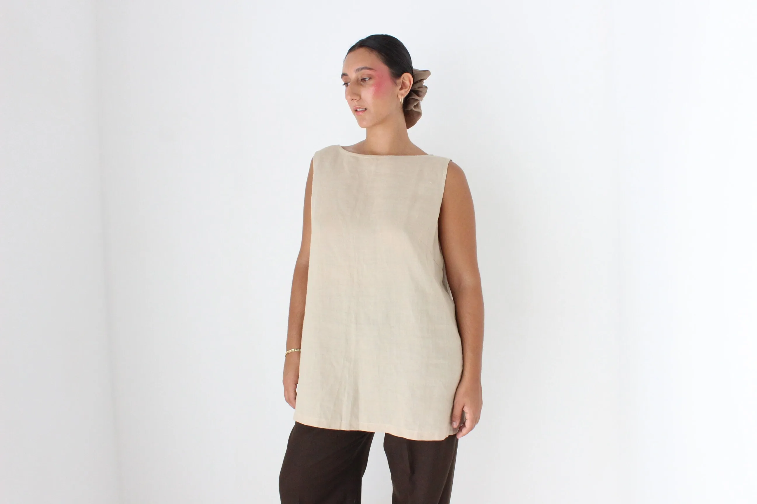 90s Neutral Linen Relaxed, Loose Sleeveless Smock Top