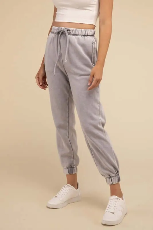 Acid Wash Fleece Sweatpants Joggers with Pockets