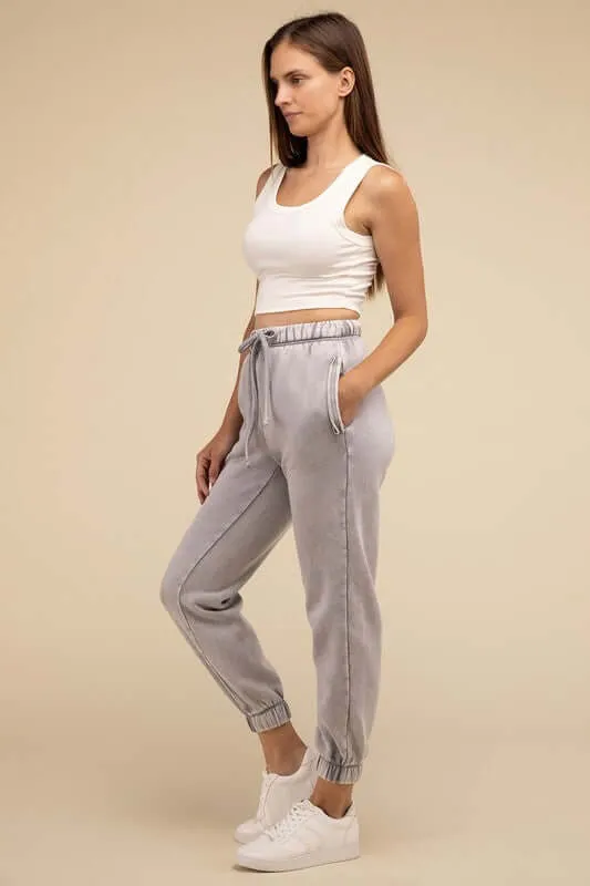 Acid Wash Fleece Sweatpants Joggers with Pockets