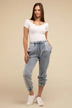 Acid Wash Fleece Sweatpants Joggers with Pockets