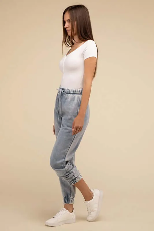 Acid Wash Fleece Sweatpants Joggers with Pockets