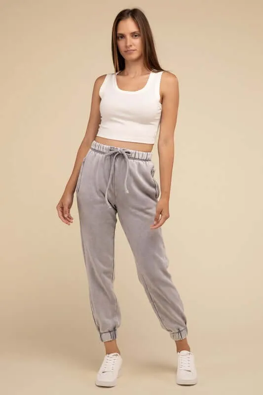 Acid Wash Fleece Sweatpants Joggers with Pockets
