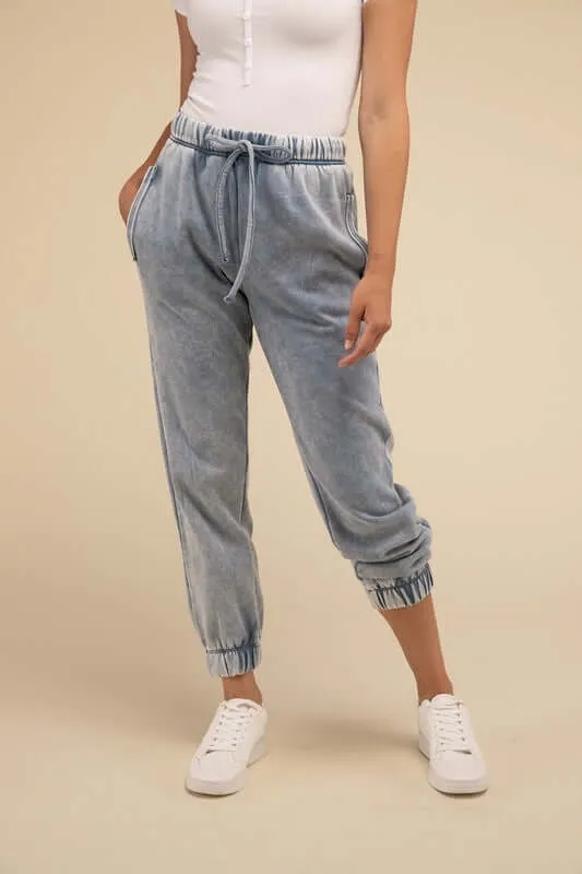 Acid Wash Fleece Sweatpants Joggers with Pockets