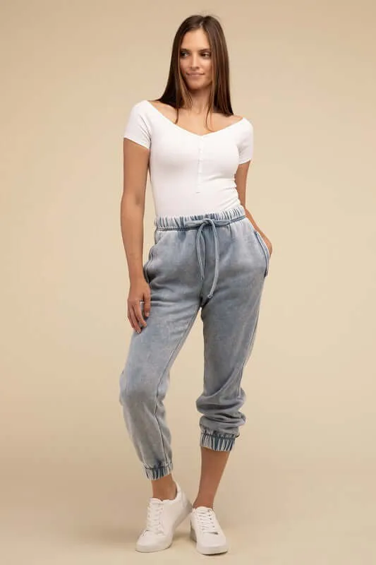 Acid Wash Fleece Sweatpants Joggers with Pockets