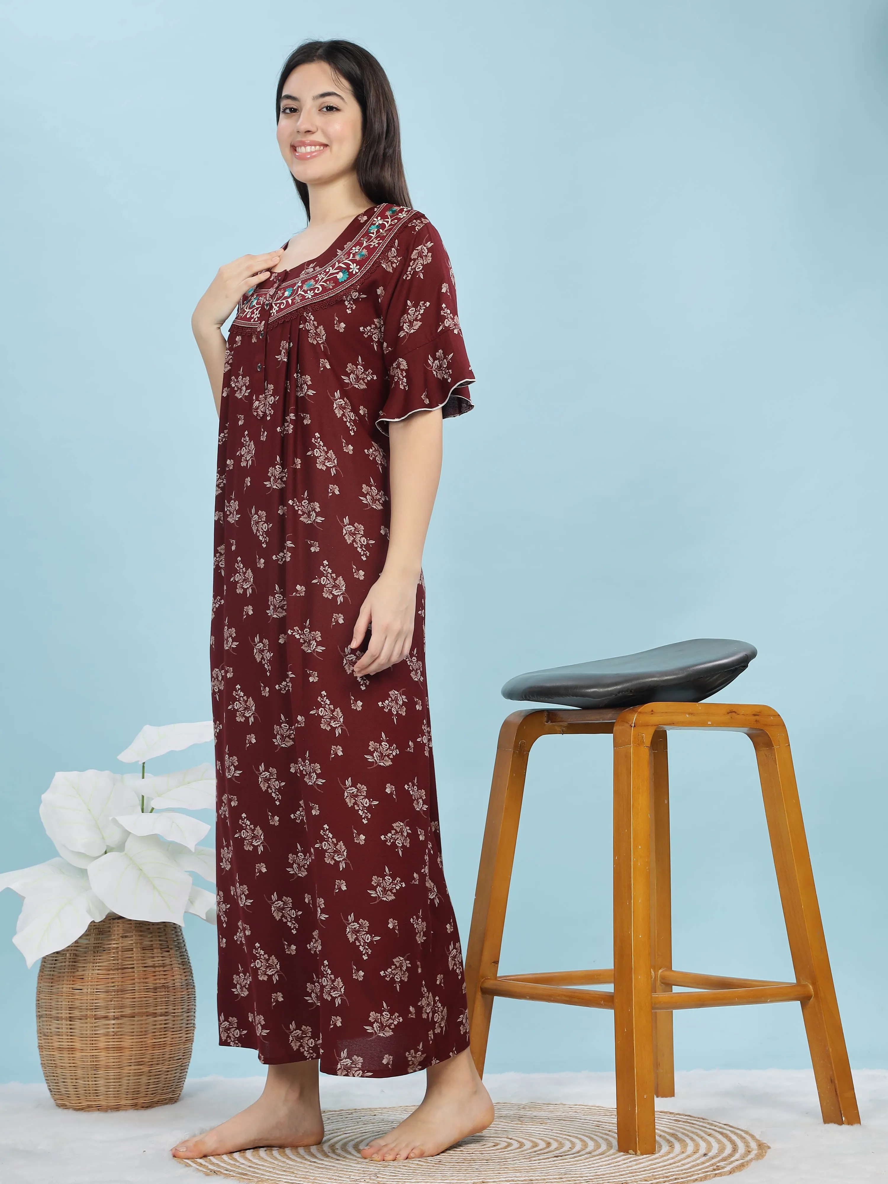 Alpine Maroon Designer Nighty Floral Print & Embroidered Neckline