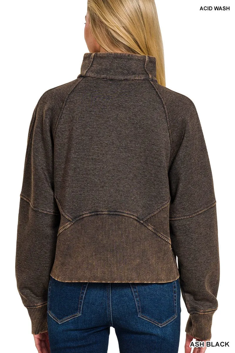 Ash Black Acid Washed Half Zip Fleece Pullover