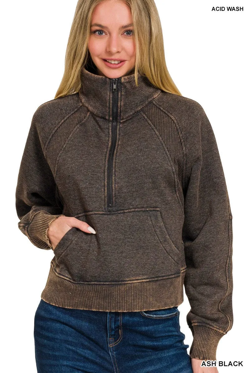 Ash Black Acid Washed Half Zip Fleece Pullover