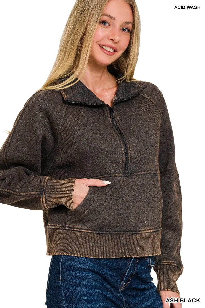 Ash Black Acid Washed Half Zip Fleece Pullover