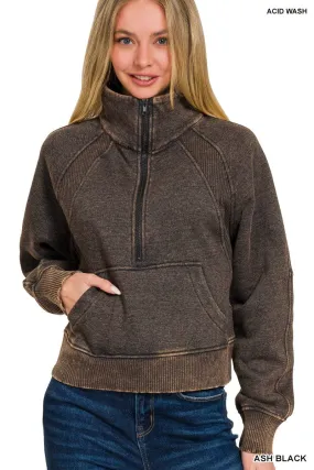 Ash Black Acid Washed Half Zip Fleece Pullover