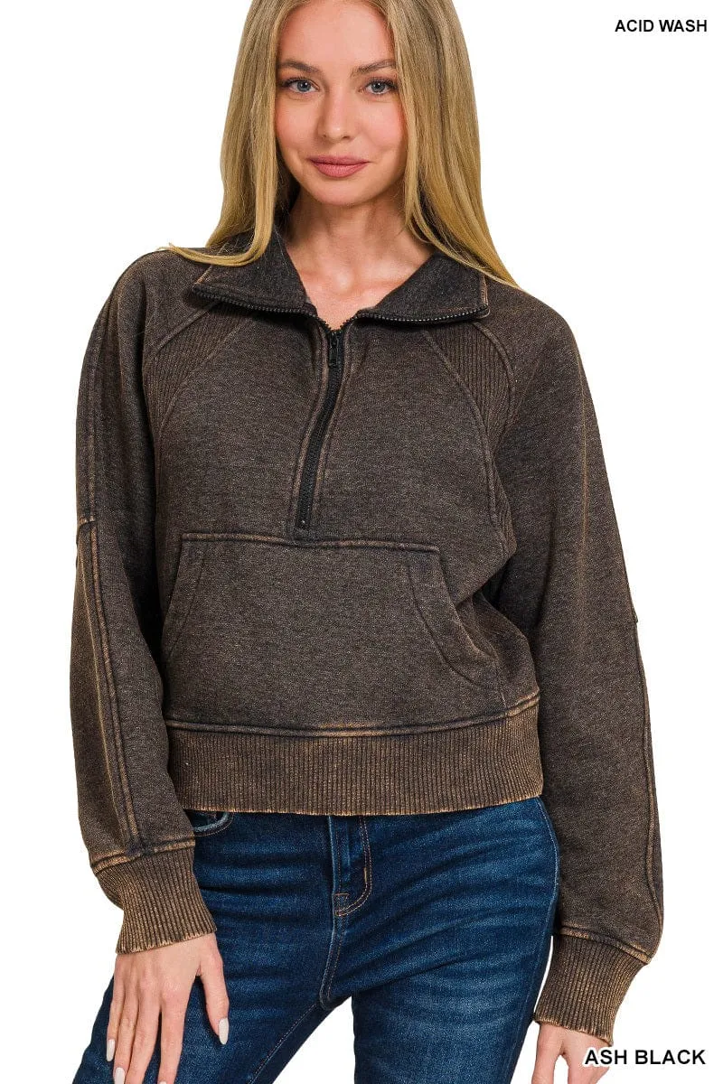 Ash Black Acid Washed Half Zip Fleece Pullover