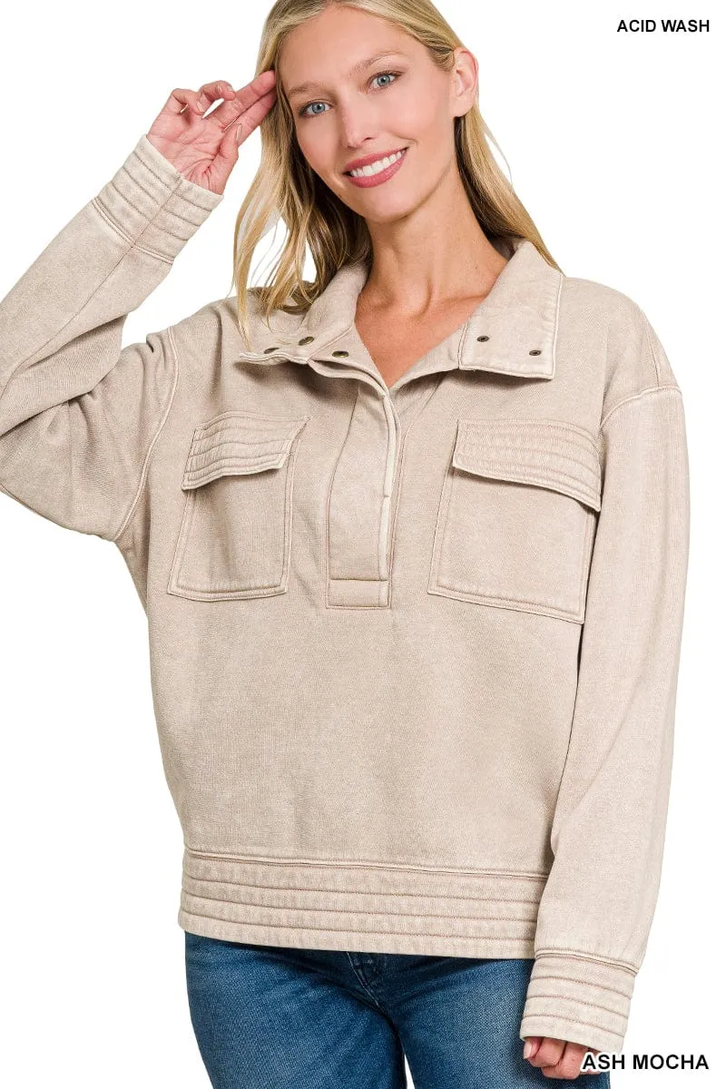 Ash Mocha Acid Wash Half Snap Button Front Fleece Sweatshirt