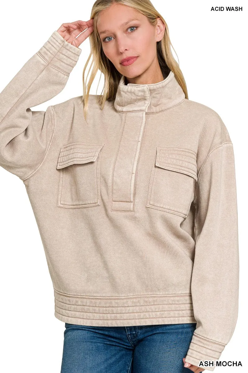 Ash Mocha Acid Wash Half Snap Button Front Fleece Sweatshirt