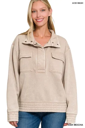 Ash Mocha Acid Wash Half Snap Button Front Fleece Sweatshirt