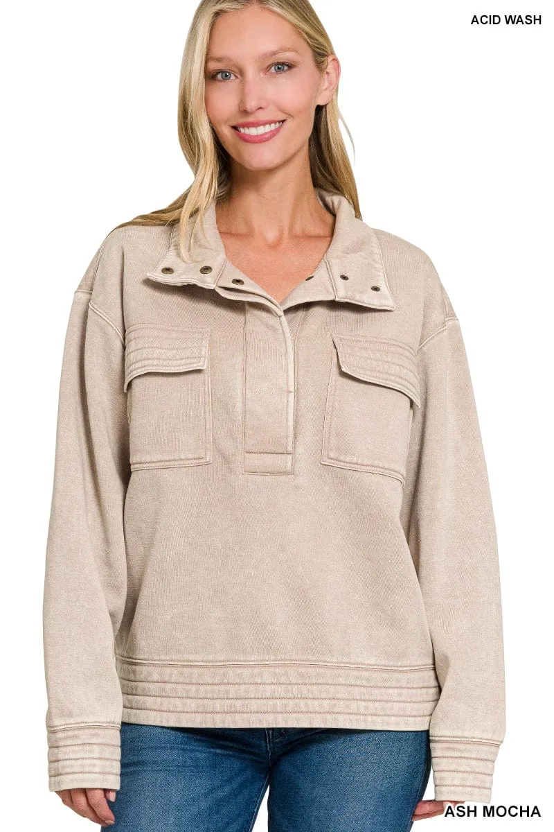 Ash Mocha Acid Wash Half Snap Button Front Fleece Sweatshirt