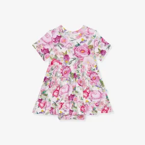 Bamboo Short Sleeve Ruffled Twirl Bodysuit Dress - Elly (Floral)