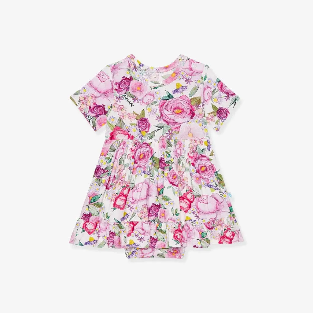 Bamboo Short Sleeve Ruffled Twirl Bodysuit Dress - Elly (Floral)