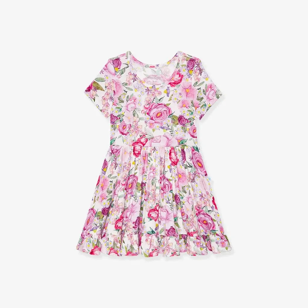Bamboo Short Sleeve Ruffled Twirl Dress - Elly (Floral)