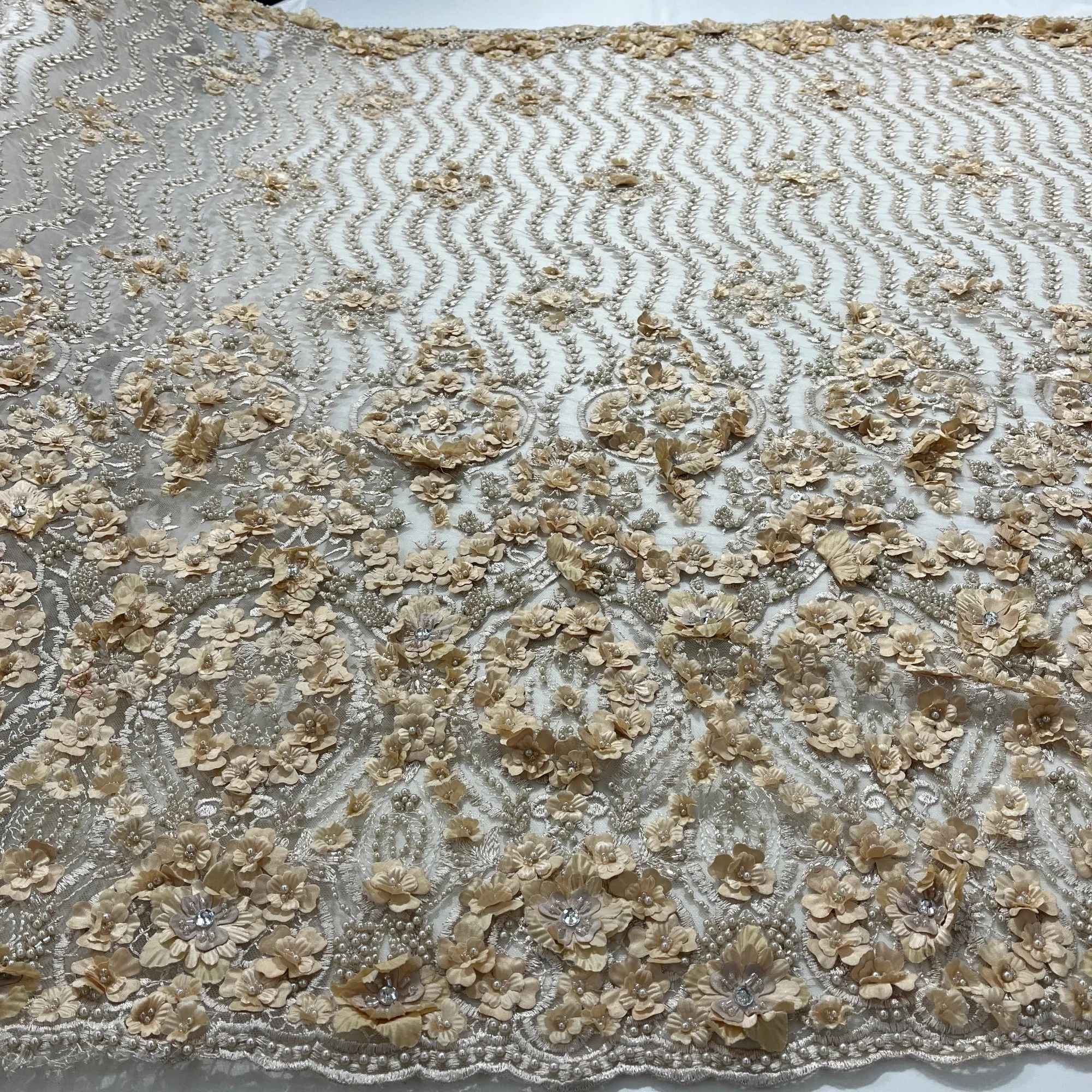 Beaded 3D Floral Lace Fabric Embroidered on 100% Polyester Net Mesh | Lace USA - GD-363