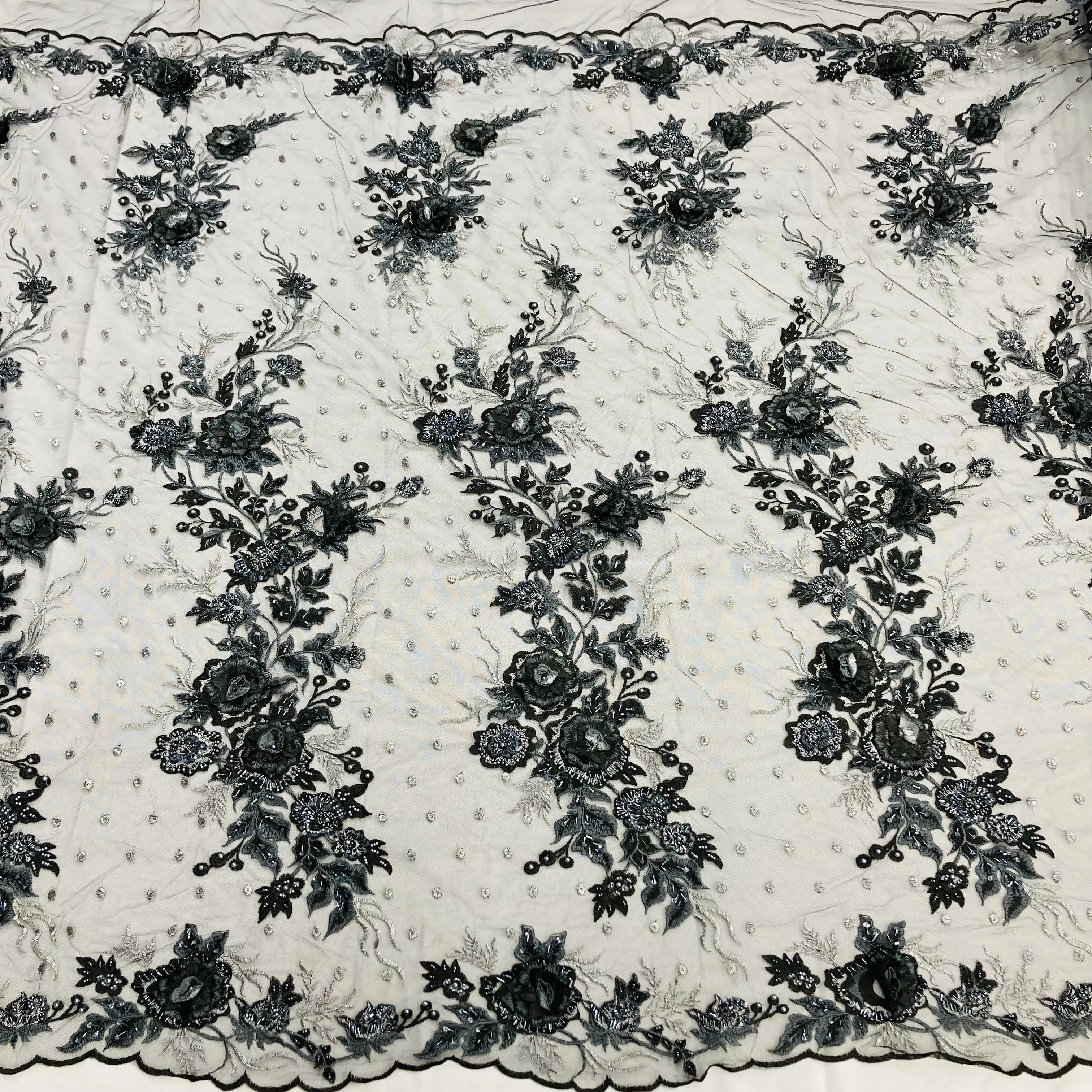 Beaded 3D Floral Lace Fabric Embroidered on 100% Polyester Net Mesh | Lace USA - GD-416