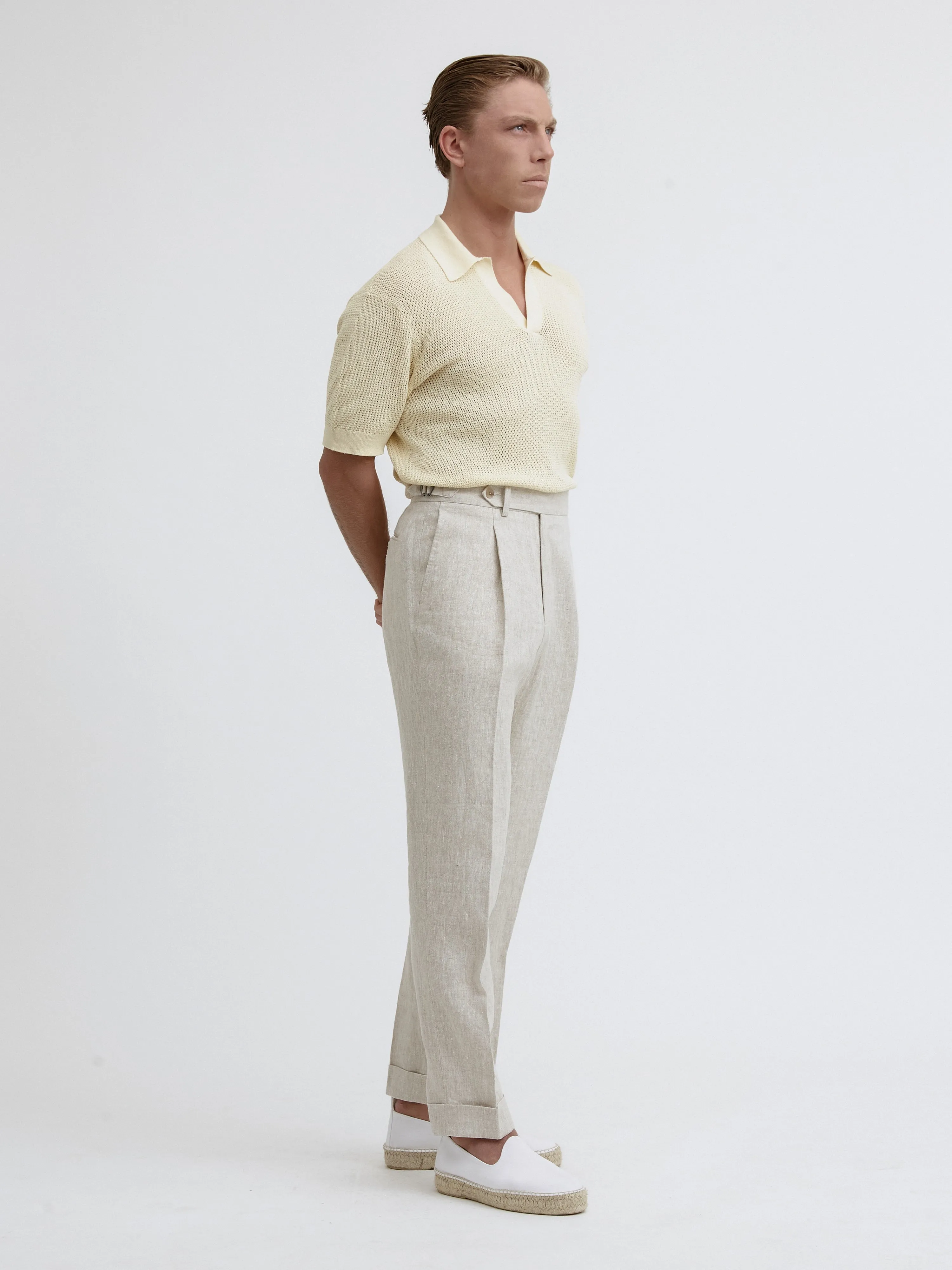 Beige Linen Oscar Trousers (Tapered Fit)