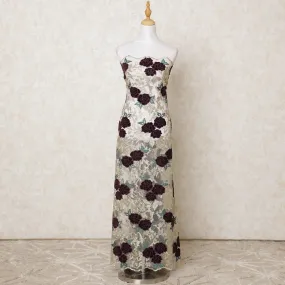 Beige nylon tulle fabric with gold, green and purple embroidery having stone work in floral design-D11818