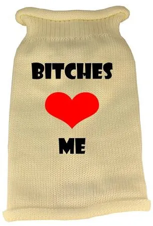 Bitches Love Me Screen Print Knit Pet Sweater MD Cream
