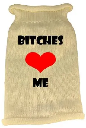 Bitches Love Me Screen Print Knit Pet Sweater MD Cream
