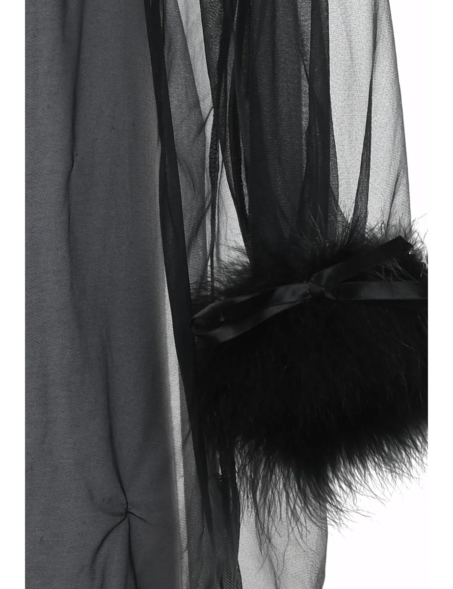 Black Sheer Faux Fur Trim Dressing Gown - L