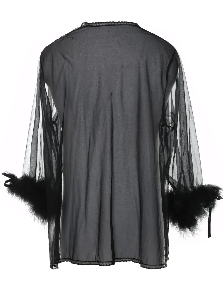 Black Sheer Faux Fur Trim Dressing Gown - L