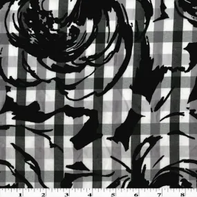 Black/Multi Velvet Flocked Floral Print Gingham Shirting Fabric
