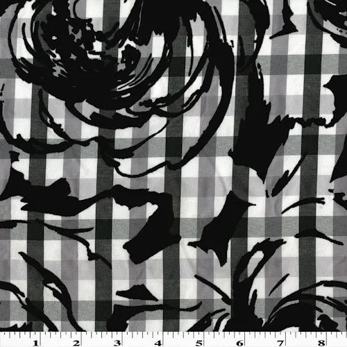 Black/Multi Velvet Flocked Floral Print Gingham Shirting Fabric