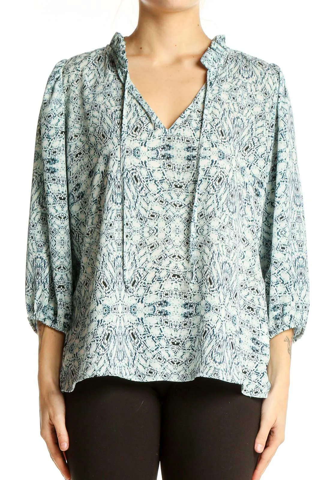 Blue Floral Print Peasant Blouse