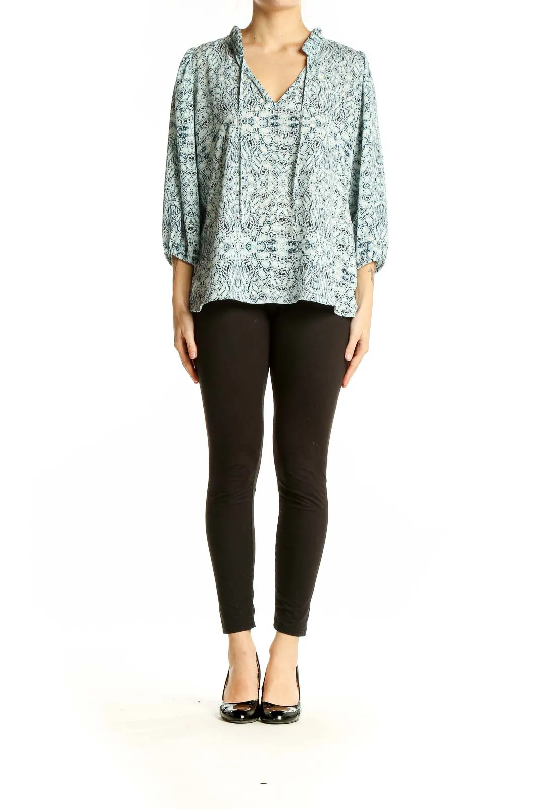 Blue Floral Print Peasant Blouse