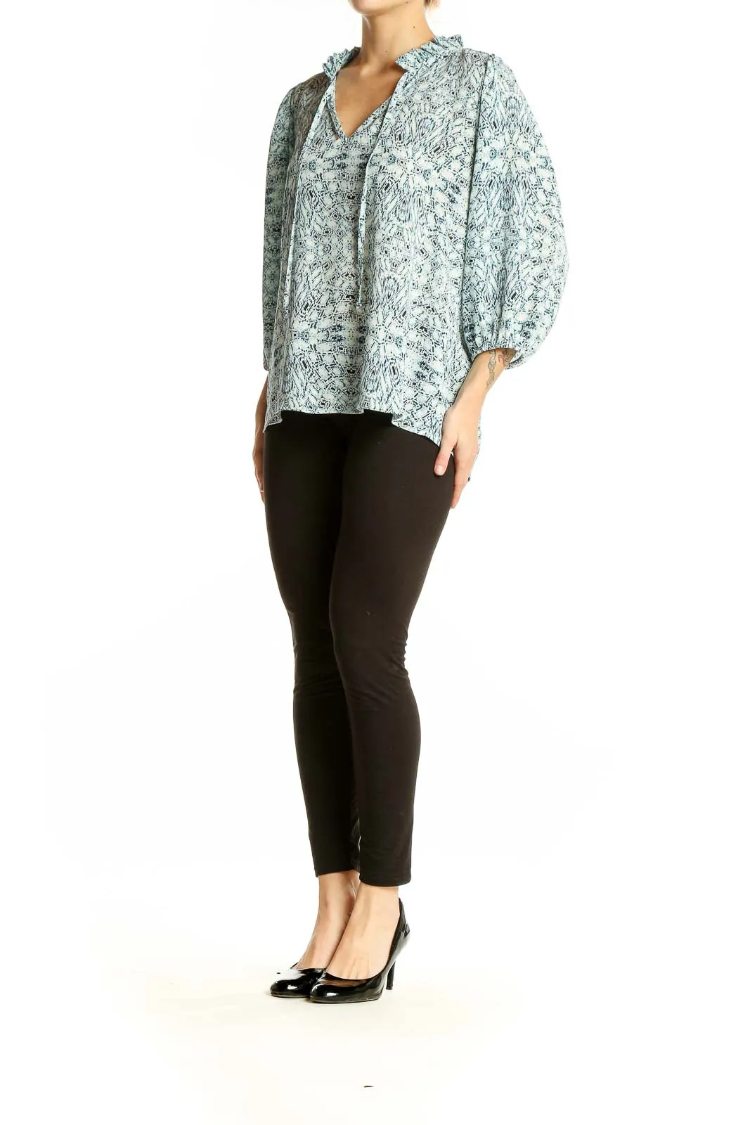 Blue Floral Print Peasant Blouse