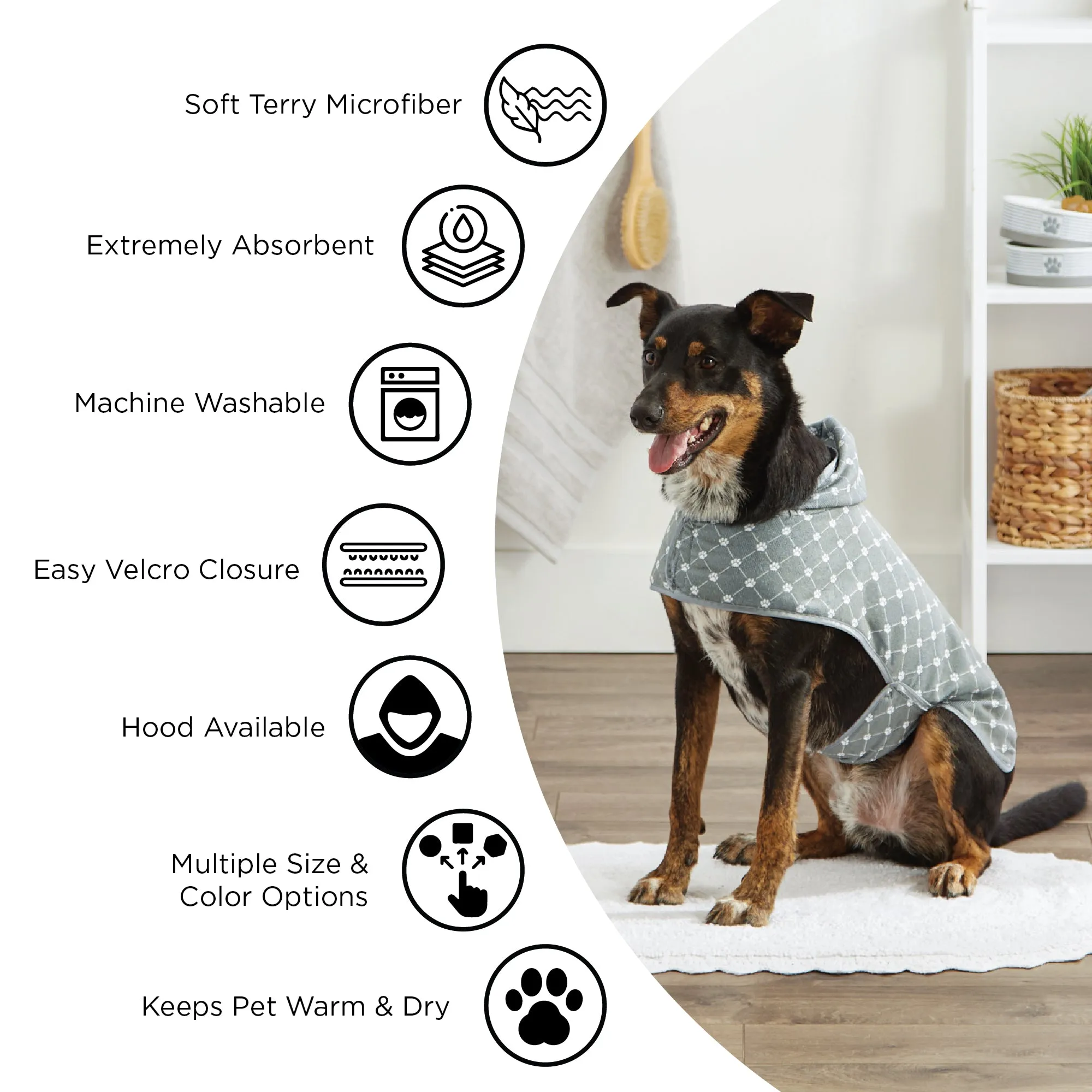 Bone Dry Terry Microfiber Pet Robe, Embroidered Paw Print - Gray - Medium, 20-35 Lbs