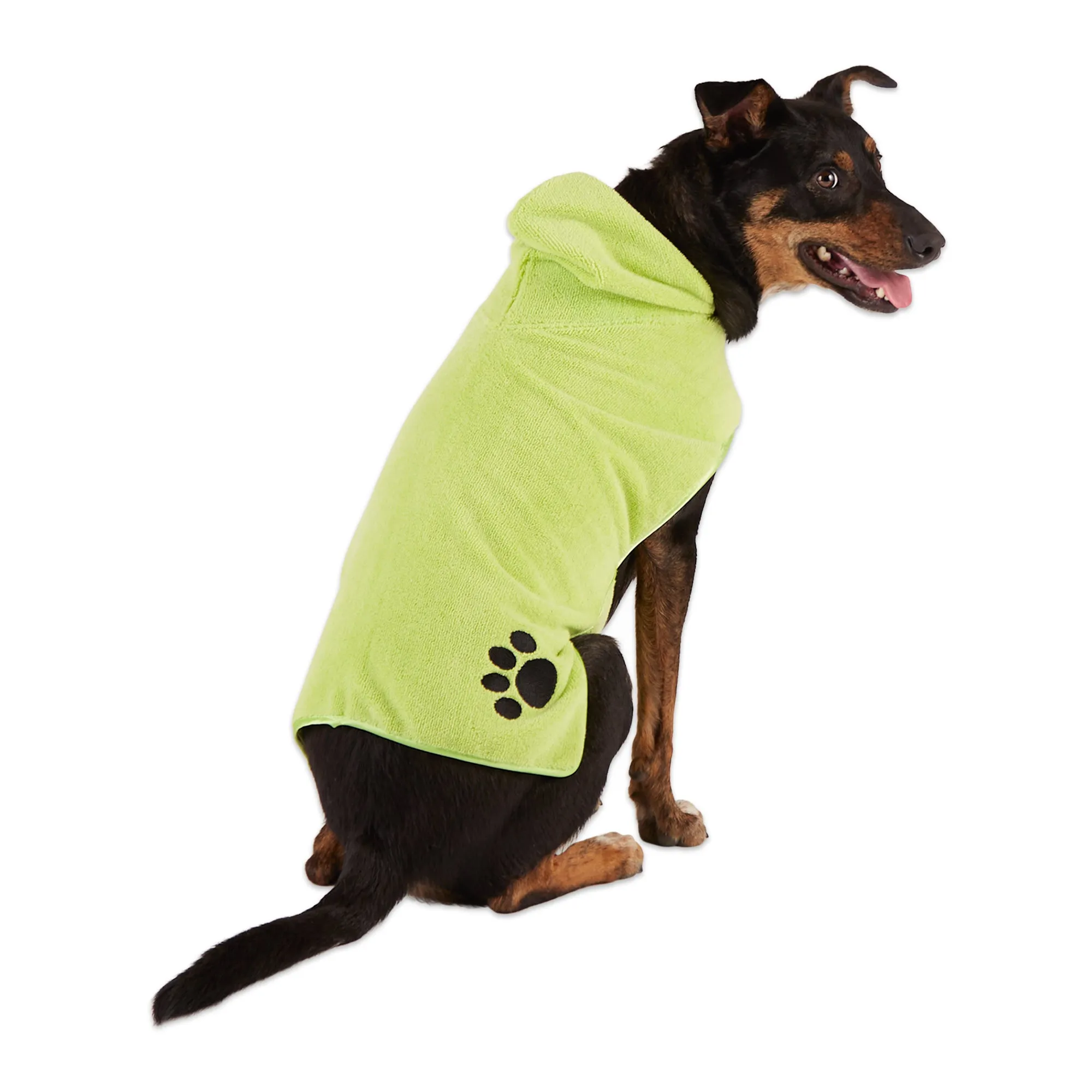 Bone Dry Terry Microfiber Pet Robe, Embroidered Paw Print - Lettuce Green - Medium, 20-35 Lbs