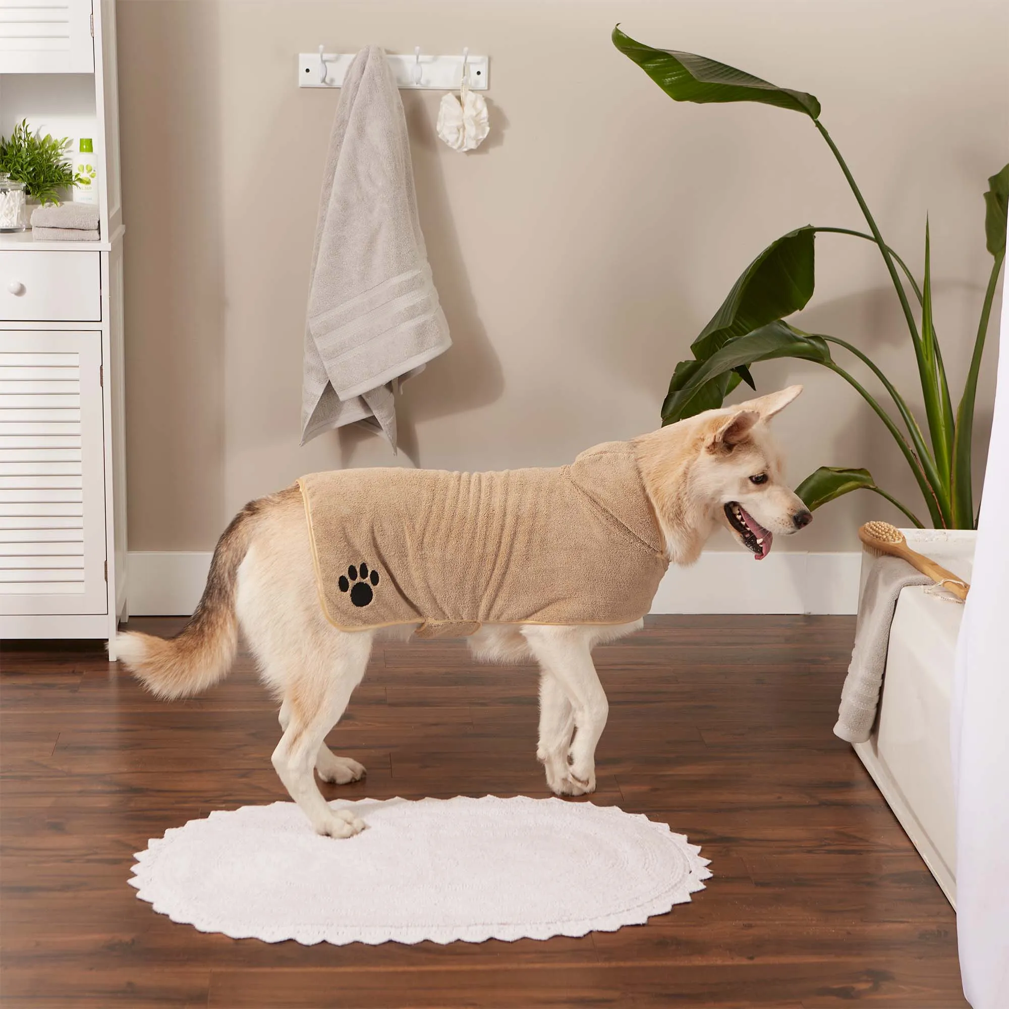 Bone Dry Terry Microfiber Pet Robe, Embroidered Paw Print - Taupe - Large, 35-50 lbs