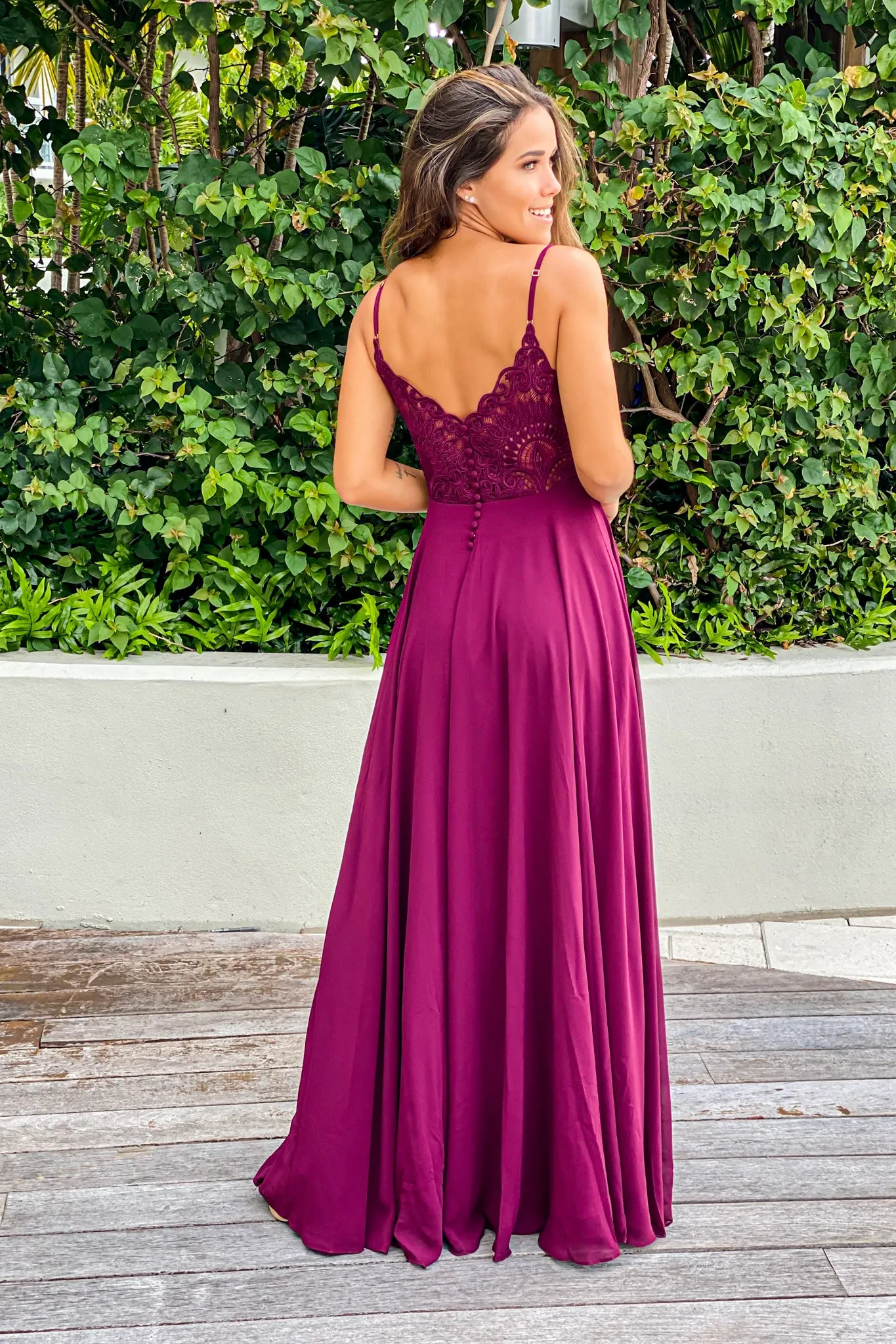 Burgundy Maxi Dress With Embroidered Back and Button Detail