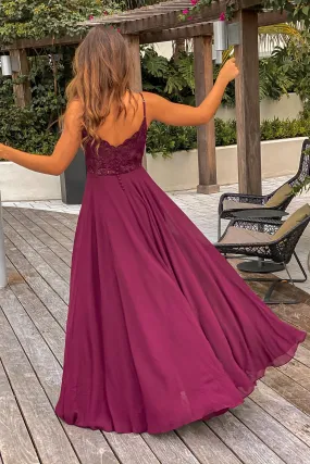 Burgundy Maxi Dress With Embroidered Back and Button Detail