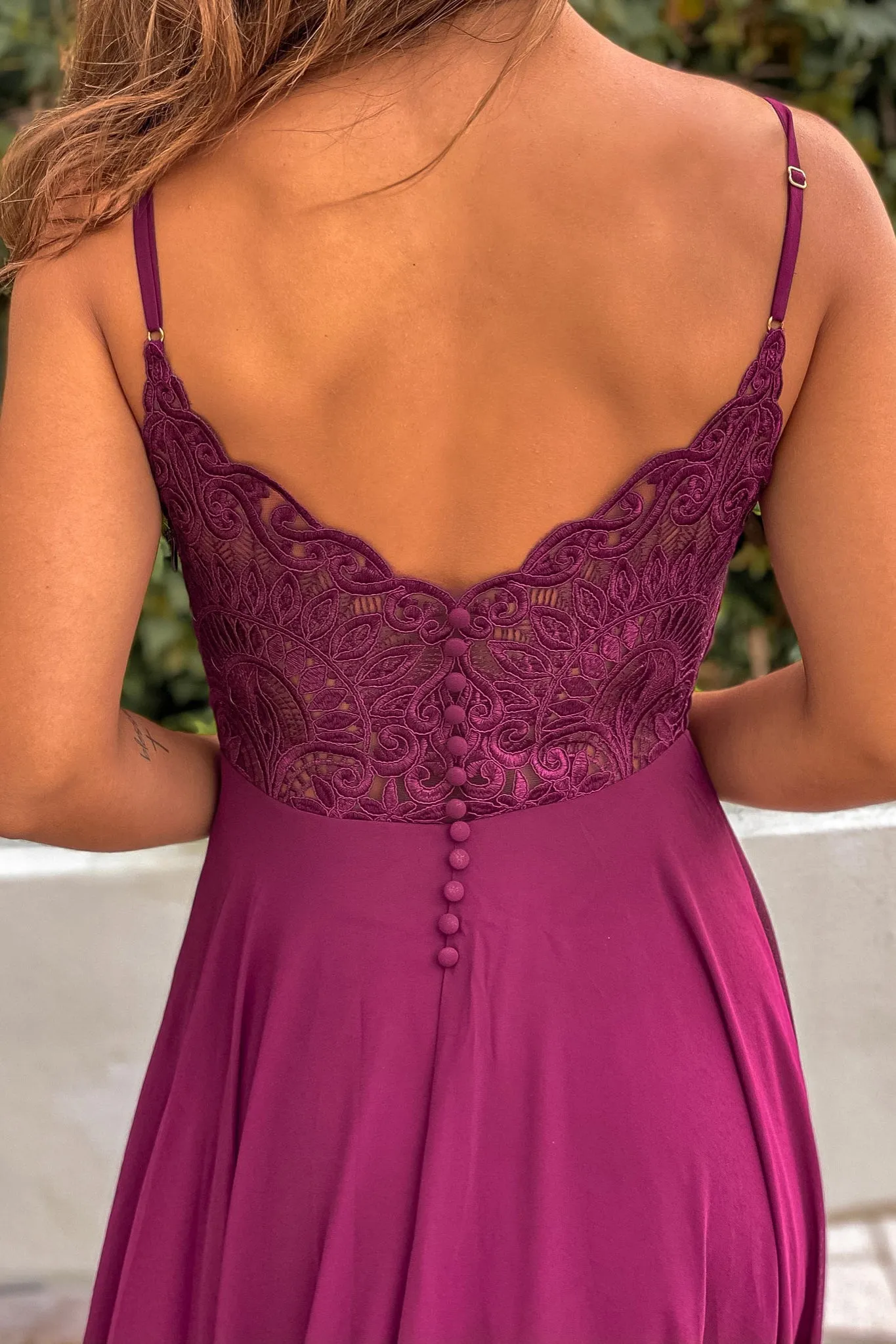 Burgundy Maxi Dress With Embroidered Back and Button Detail