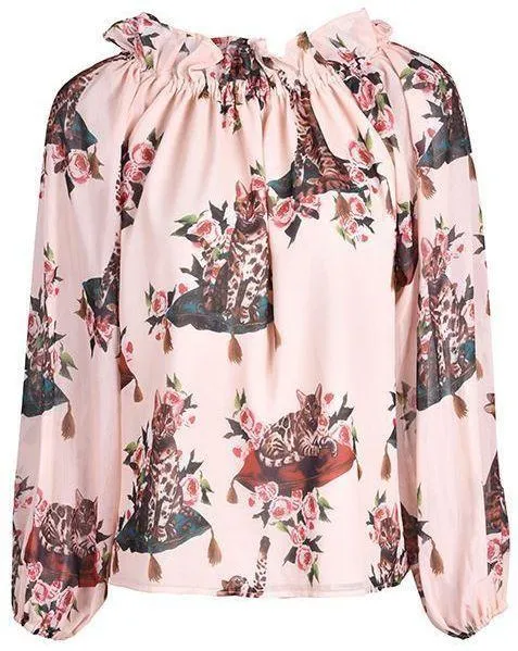 Cat and Floral Print Blouse